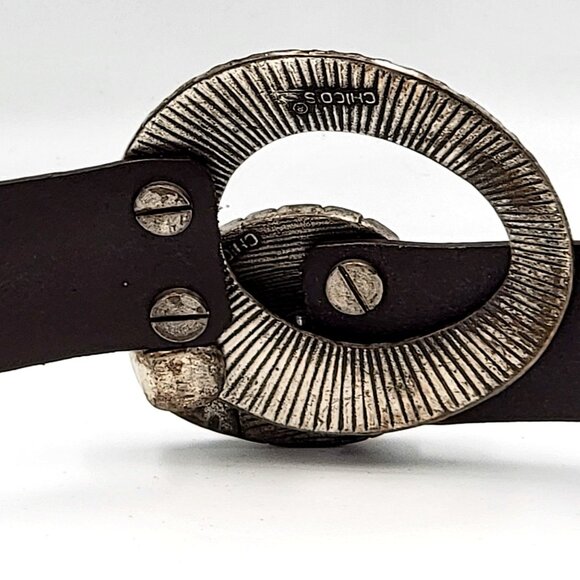 Chicos Brown Adjustable Leather Belt With Textured Silver & Gold Tone Metal Buck - Picture 10 of 16